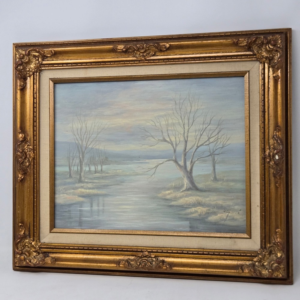 Osborne Original Oil Painting Winter Landscape River Gold Ornate Frame‎ 16.5x19